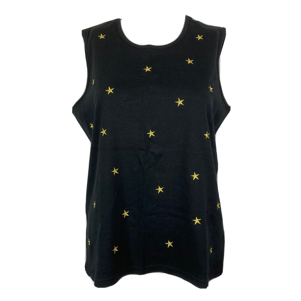 Quacker Factory Camisole Tank Womens Sz M Black Cotton Knit Star Embroidered